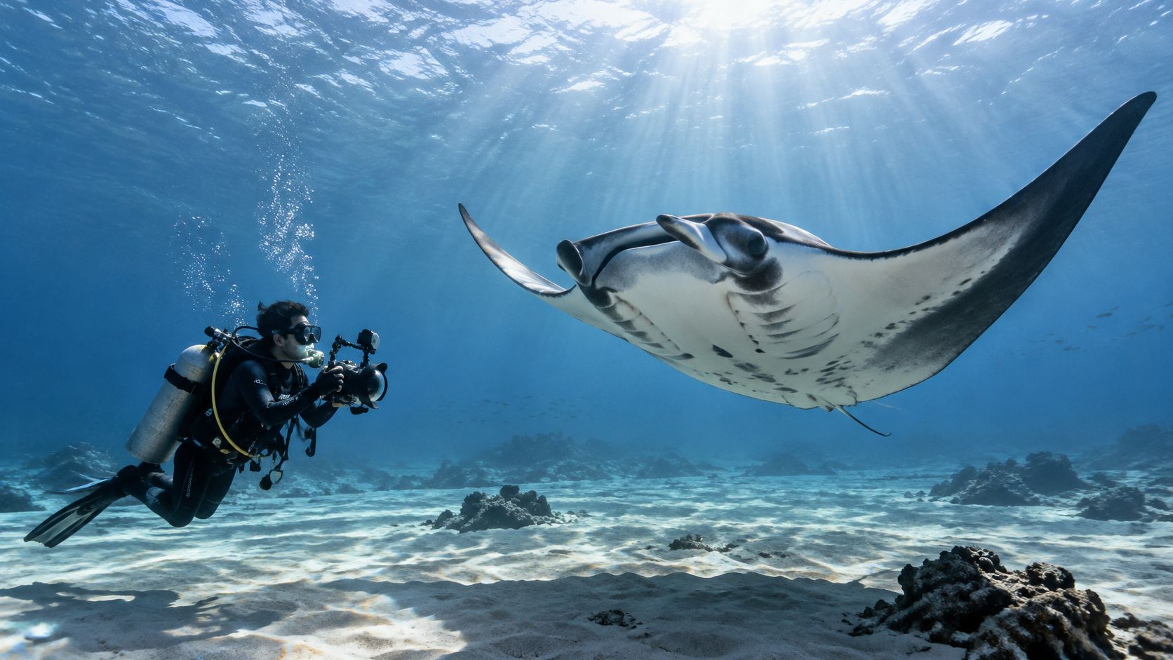 A scuba diver photographs a majestic manta ray gliding gracefully through the clear blue ocean waters.