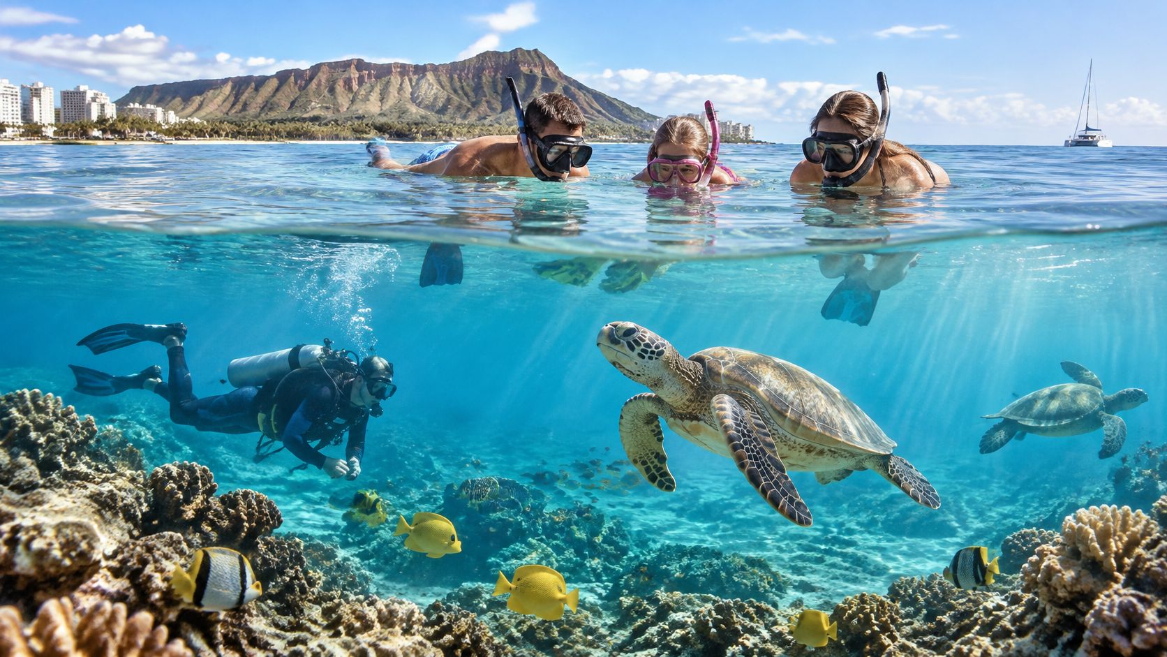 A group of snorkelers and a scuba diver swimming with sea turtles near a Hawaiian coral reef.
