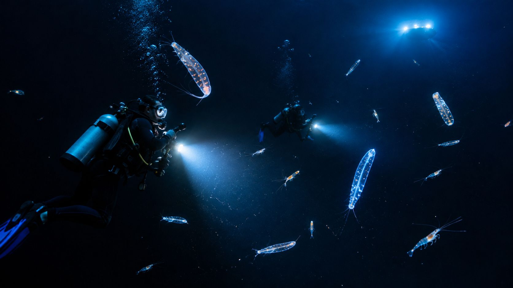 Scuba divers exploring the dark ocean depths while surrounded by bioluminescent creatures and clear marine organisms.