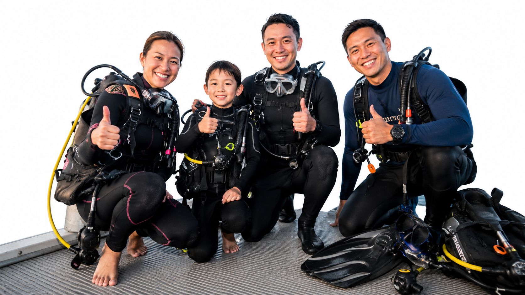 A happy family of four in scuba gear smiling and giving a thumbs up on a dock.