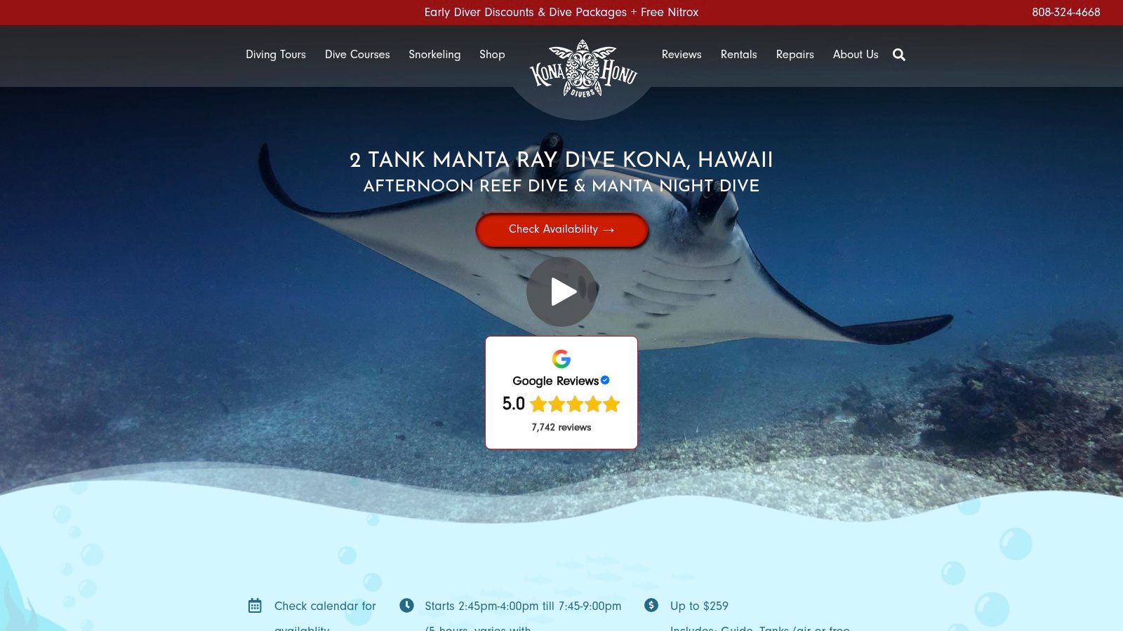 Screenshot from https://konahonudivers.com/diving-tours/2-tank-manta-dive-snorkel/?ref=0