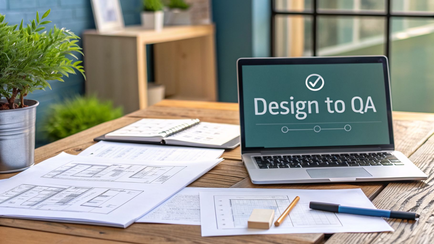 Laptop displaying 'Design to QA' with a checkmark on a wooden desk with documents and a plant.