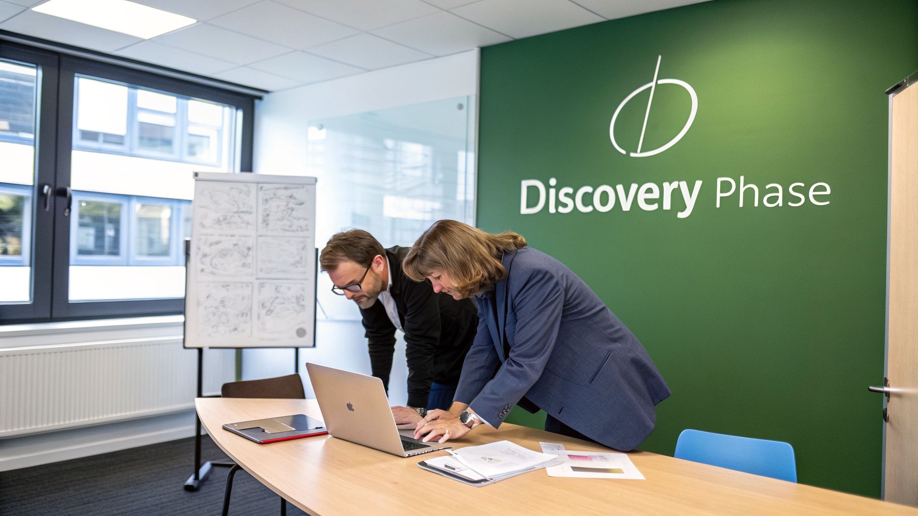 Two colleagues collaborate on a laptop in an office with a 'Discovery Phase' branded wall.