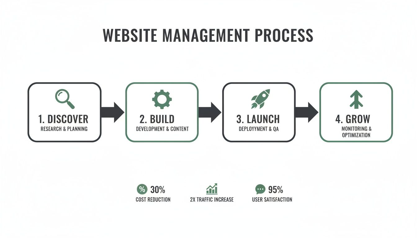Flowchart outlining the website management process: discover, build, launch, and grow, with key benefits.