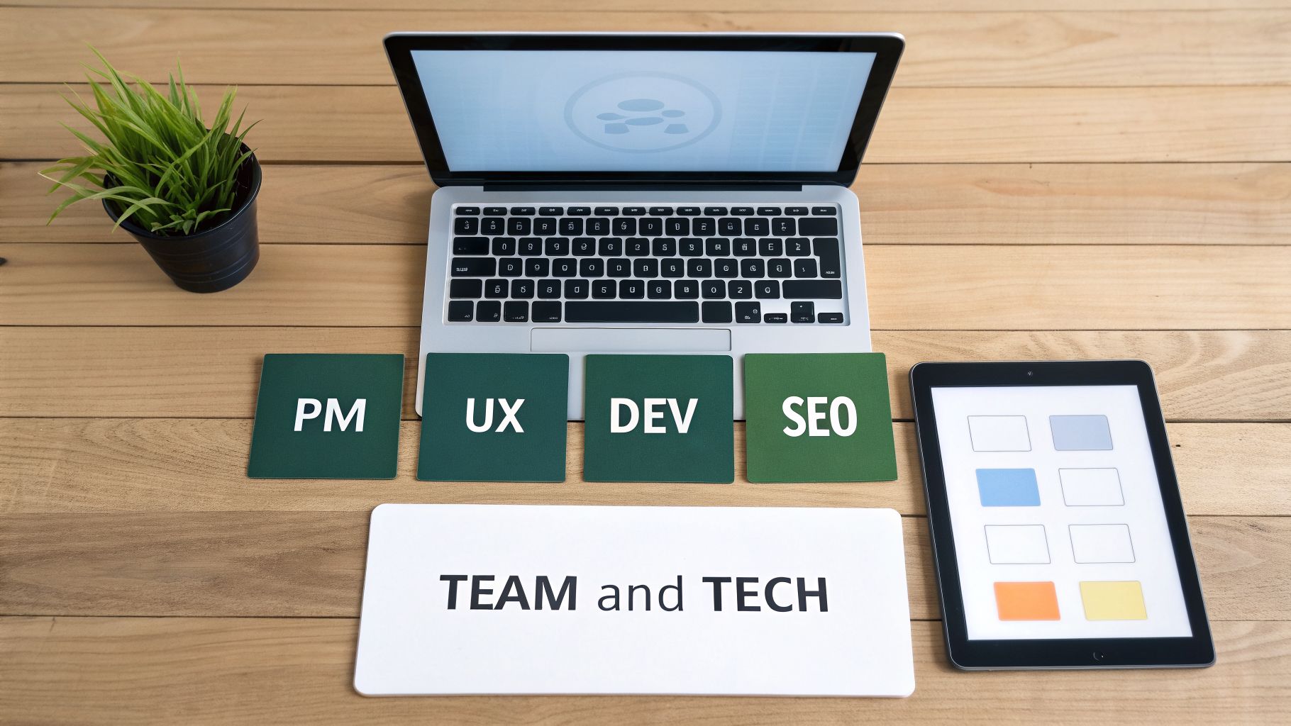 Technology workspace with laptop, tablet, and cards displaying PM, UX, DEV, SEO, TEAM and TECH.