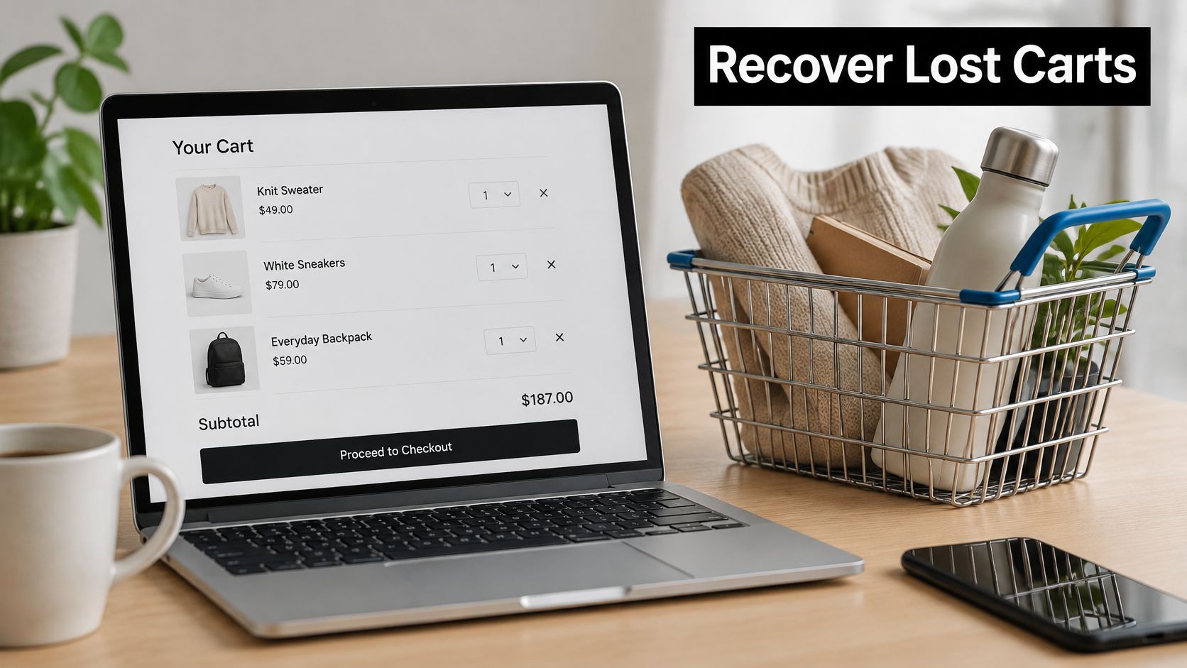 A laptop on a desk showing an online shopping cart page with physical shopping items nearby.