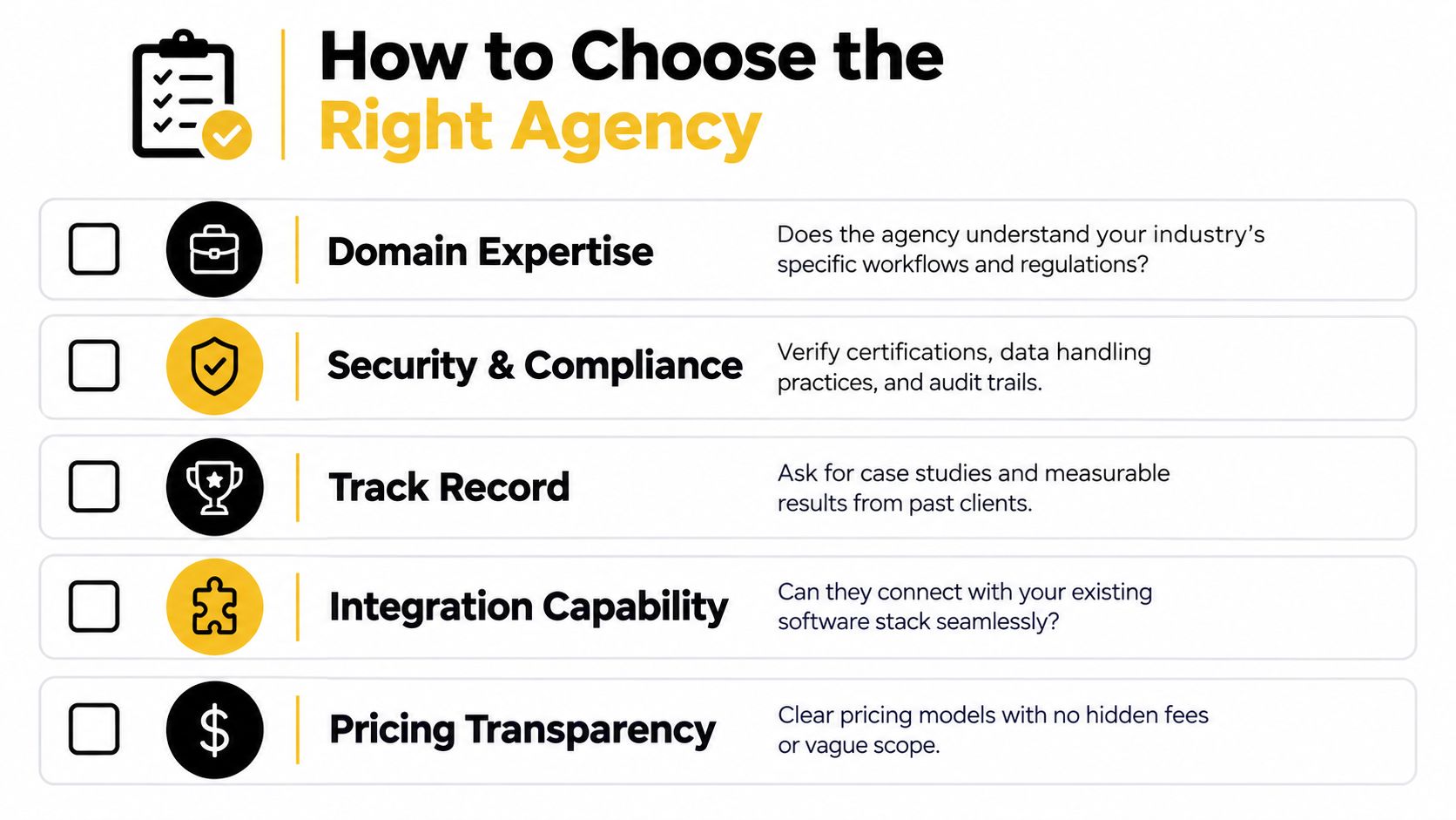 A checklist showing five key factors to consider when choosing a professional business automation agency.
