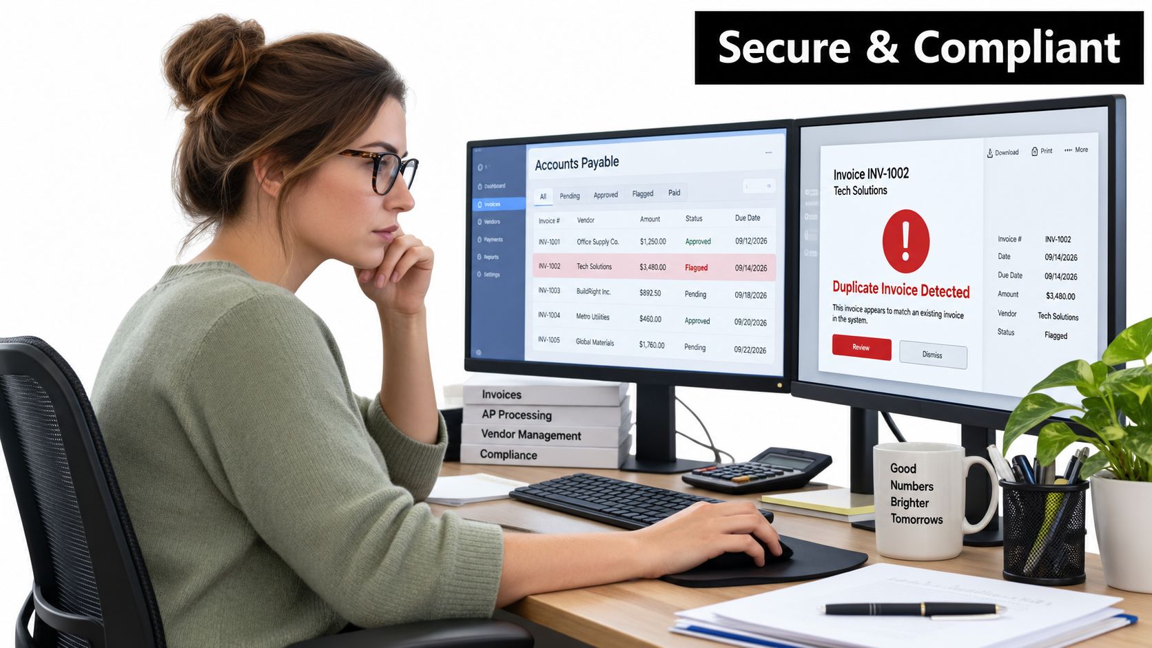 A professional woman working at a dual monitor workstation using automated software to process accounts payable invoices.