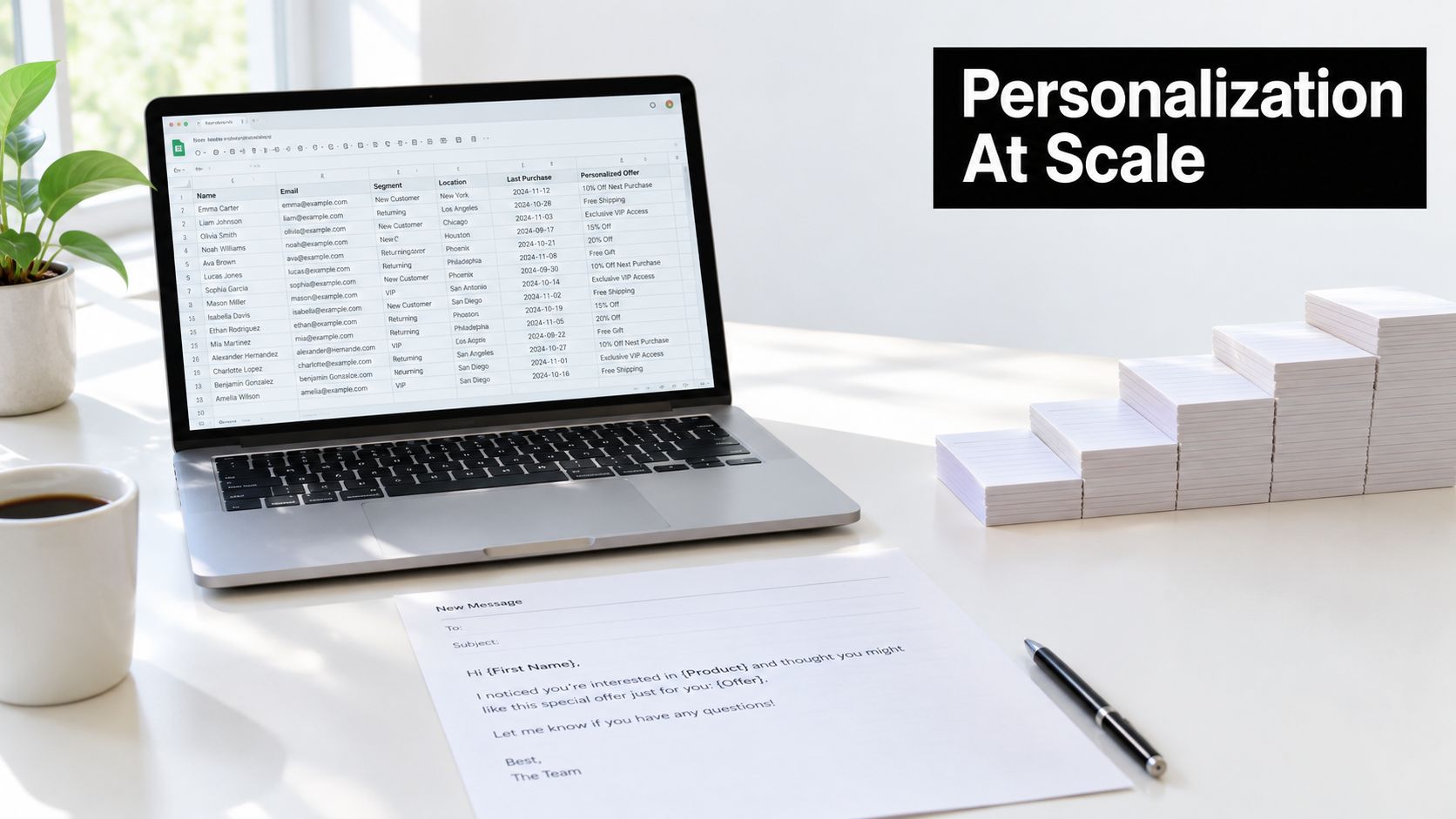 A laptop displaying a customer database spreadsheet next to a personalized email draft on a clean desk.