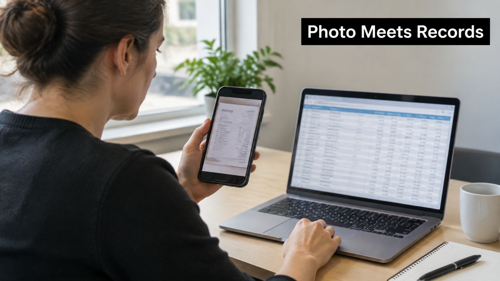A woman using her smartphone to scan a document while working on a laptop at a desk.