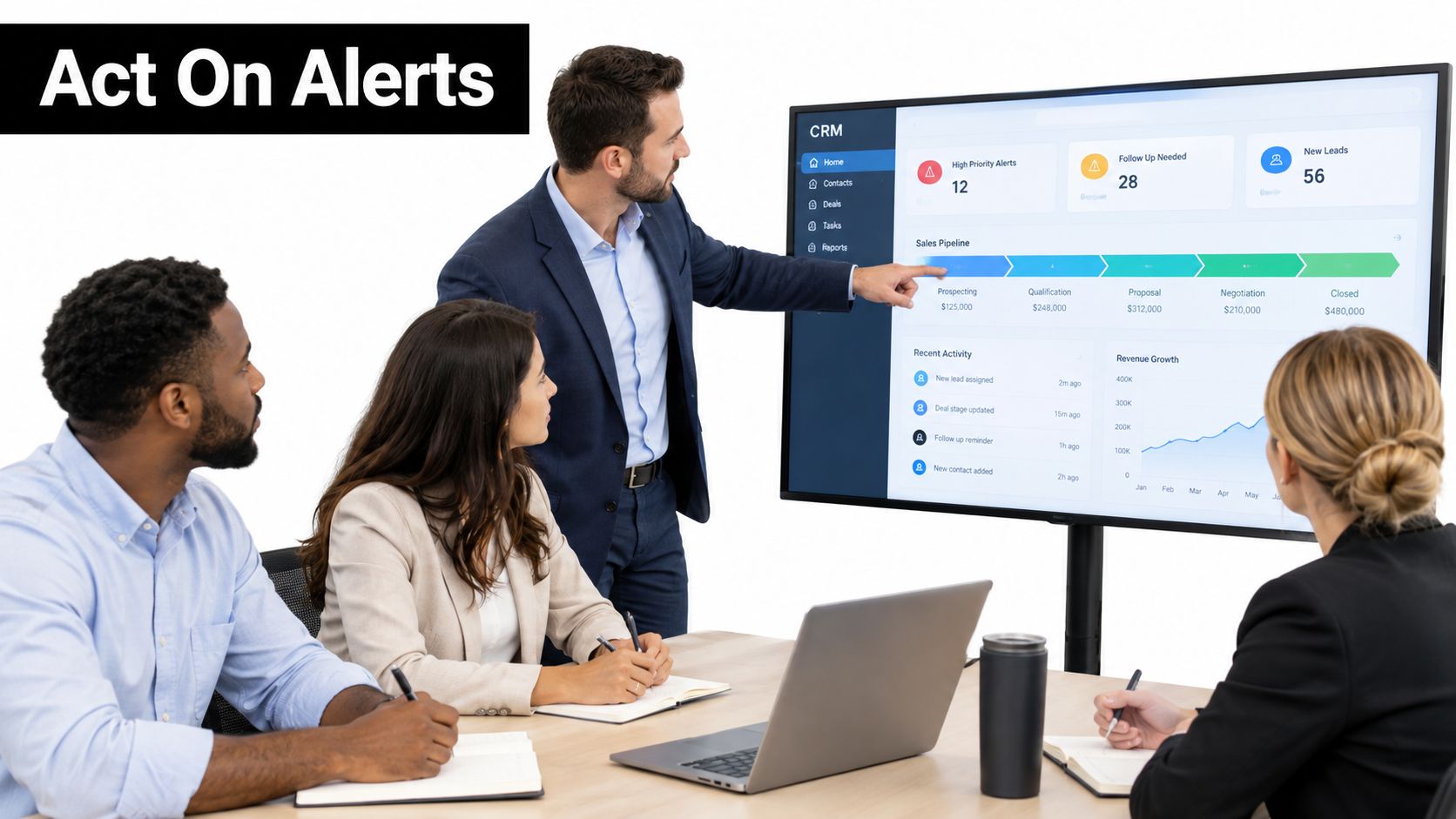 A professional business team holding a meeting while reviewing sales metrics on a large digital screen.