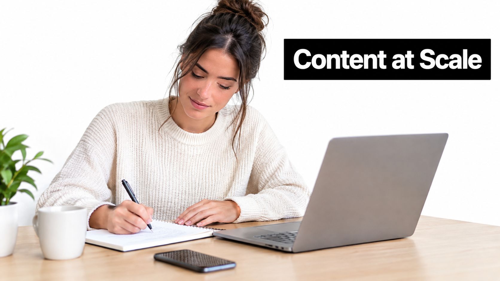 A woman with her hair in a bun sitting at a desk writing in a notebook near a laptop computer.