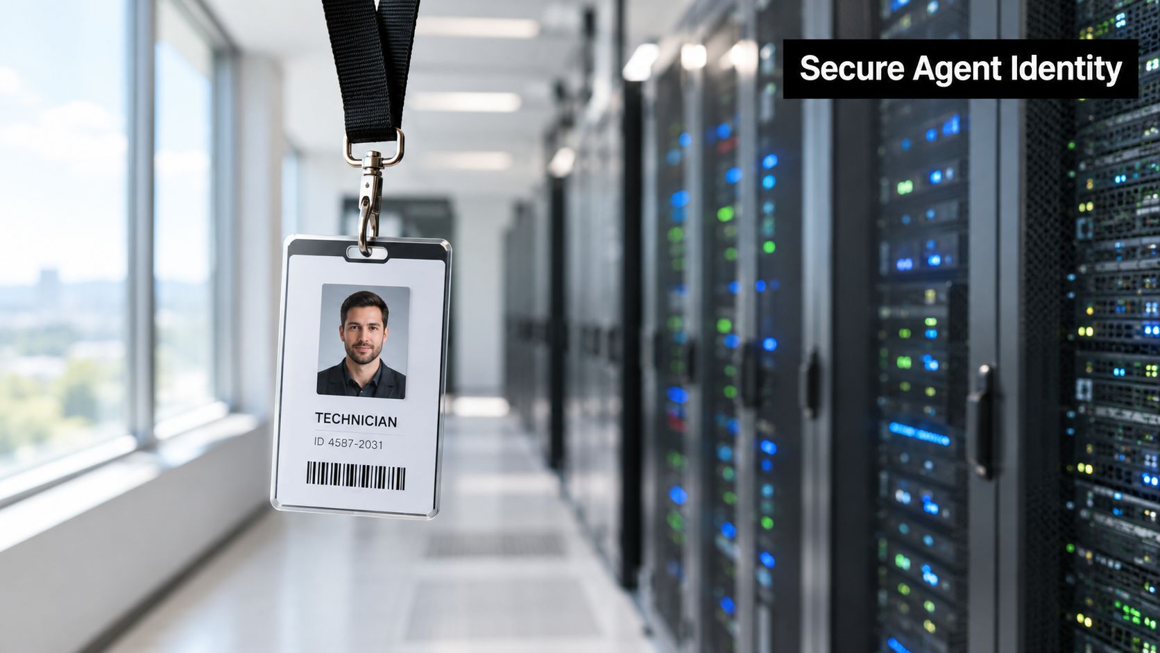 An employee ID badge hanging in a data center aisle with server racks in the background.