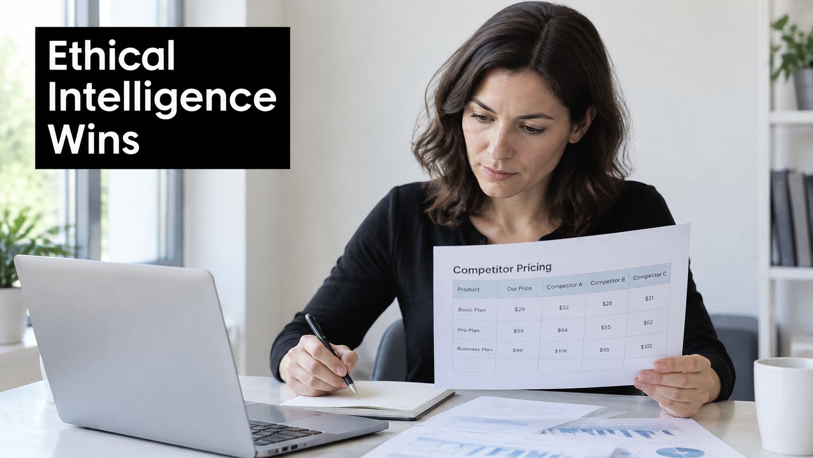 A woman reviewing a competitive pricing chart while working at her desk with a laptop.