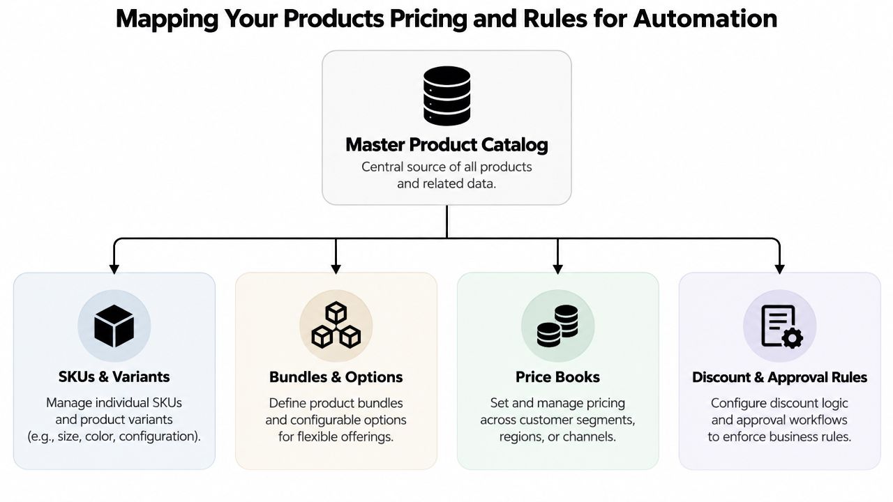 A diagram illustrating the components of a Master Product Catalog for sales automation including SKUs, bundles, pricing, and rules.