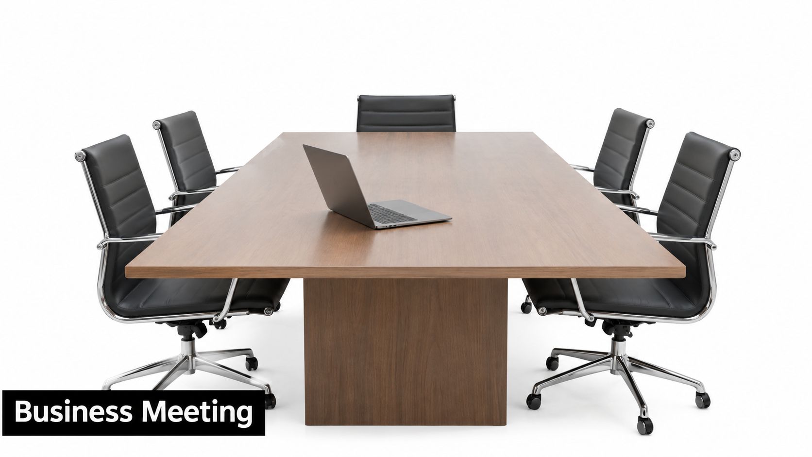 A modern wooden conference table with a laptop and five black ergonomic chairs against white background.