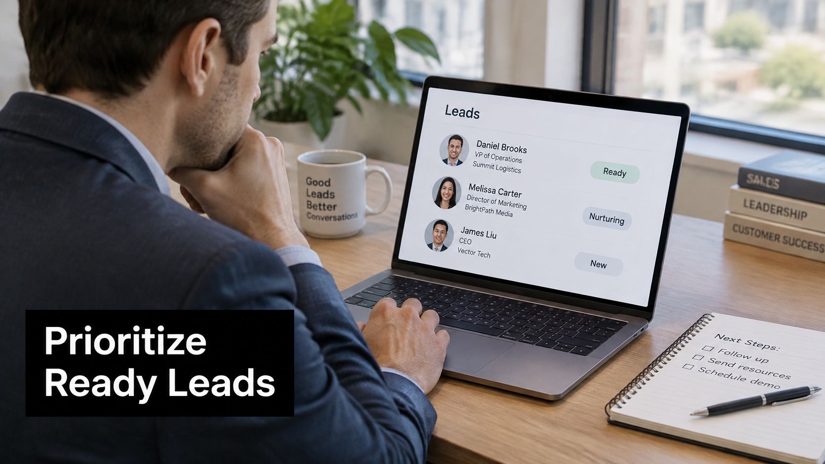 A professional man reviewing a lead management dashboard on his laptop to prioritize sales opportunities.