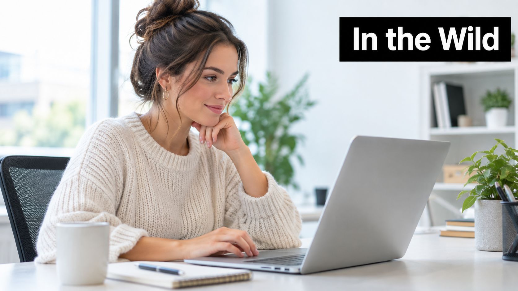 A woman working on a laptop at a bright, minimalist office desk with a cup of coffee.