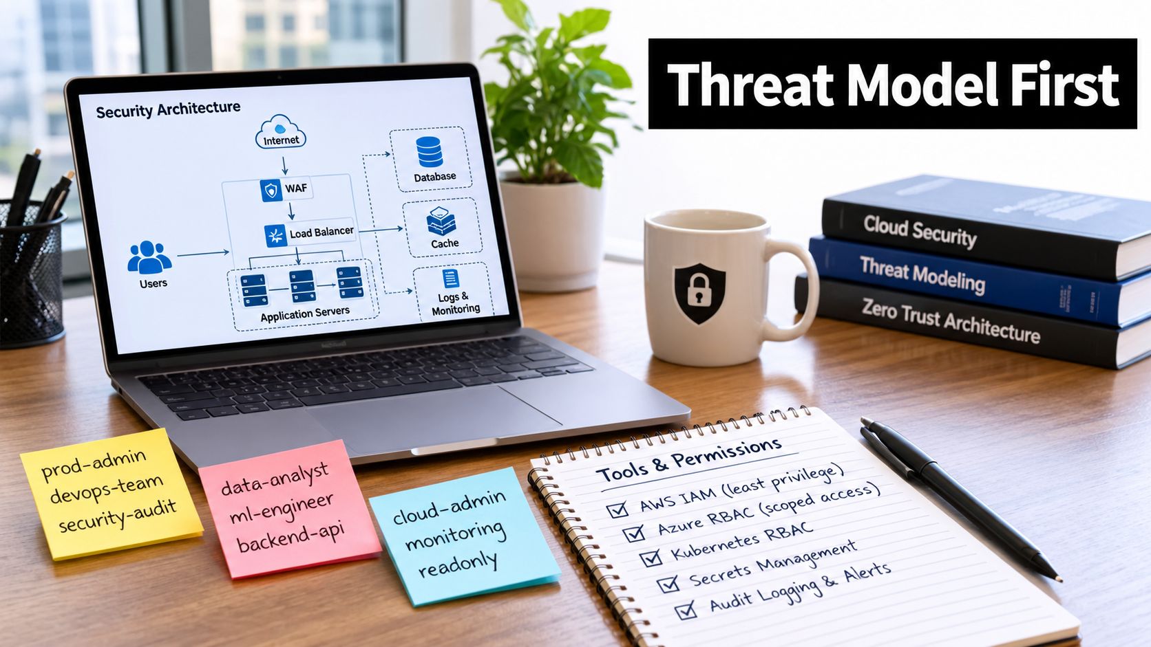 A laptop displaying a security architecture diagram, notebooks, and post-it notes on a wooden desk surface.