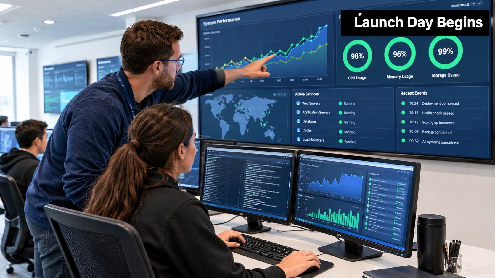 A male and female professional monitoring real-time data metrics on a large screen in an office.