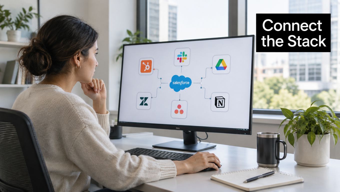 A woman working at a computer screen showing a diagram connecting Salesforce to various business software applications.
