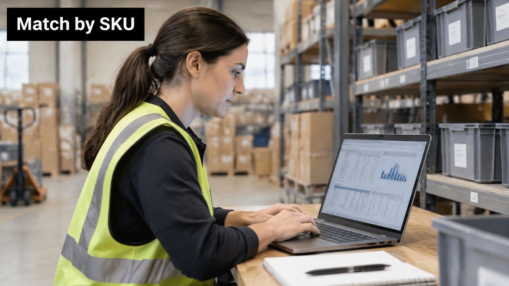 A warehouse worker in a high visibility vest reviewing inventory data on a laptop computer.