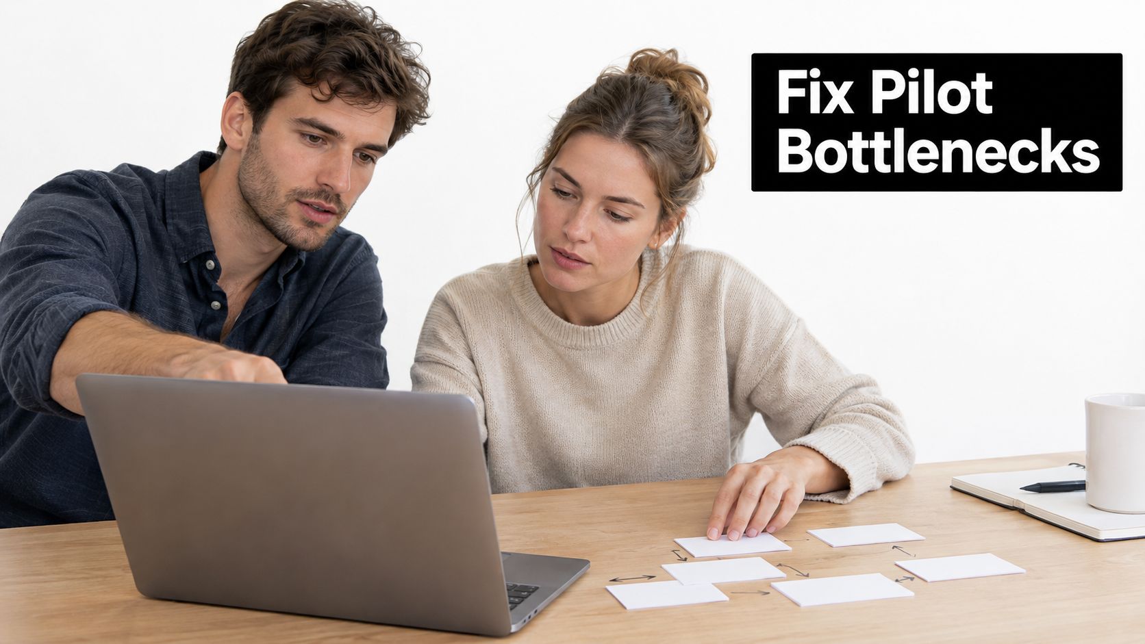 A man and woman collaborating on a laptop at a desk with an organizational flow chart.