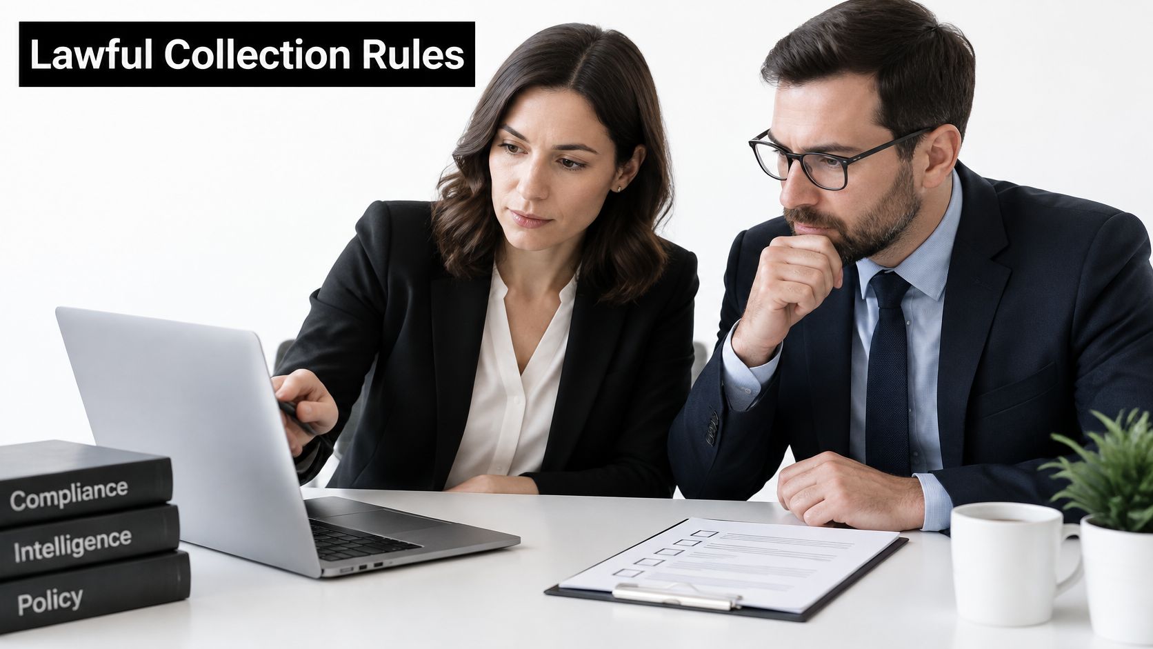 A professional man and woman in business attire reviewing competitive intelligence software on a laptop in an office.