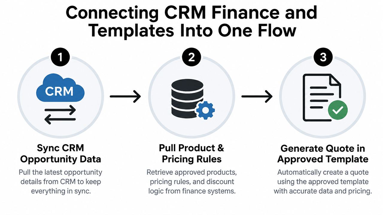 A three-step diagram illustrating the process of connecting CRM data with finance systems for sales quote automation.