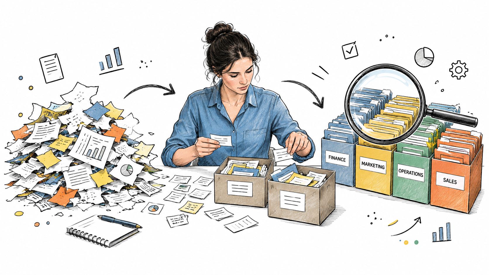 A woman organizes a large messy pile of documents into categorized office filing boxes and folders.