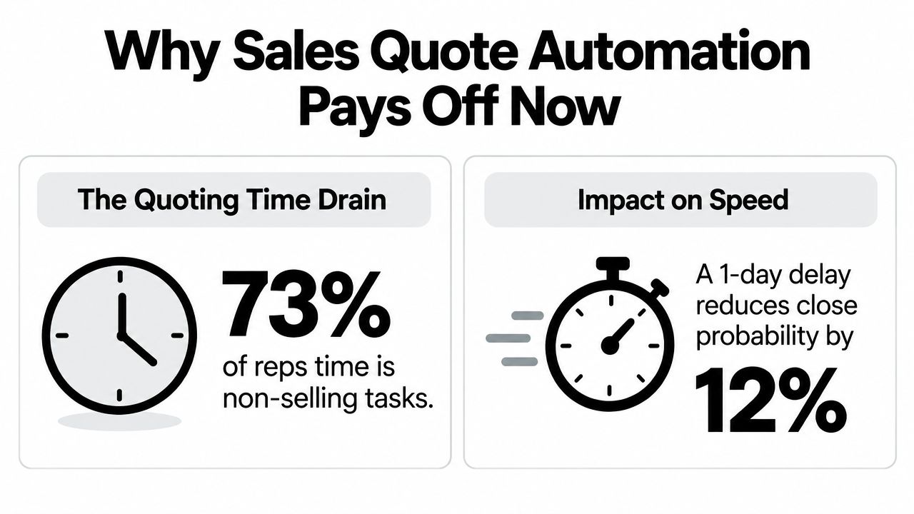 An infographic showing that sales reps spend 73% of time on non-selling tasks and speed impacts deals.