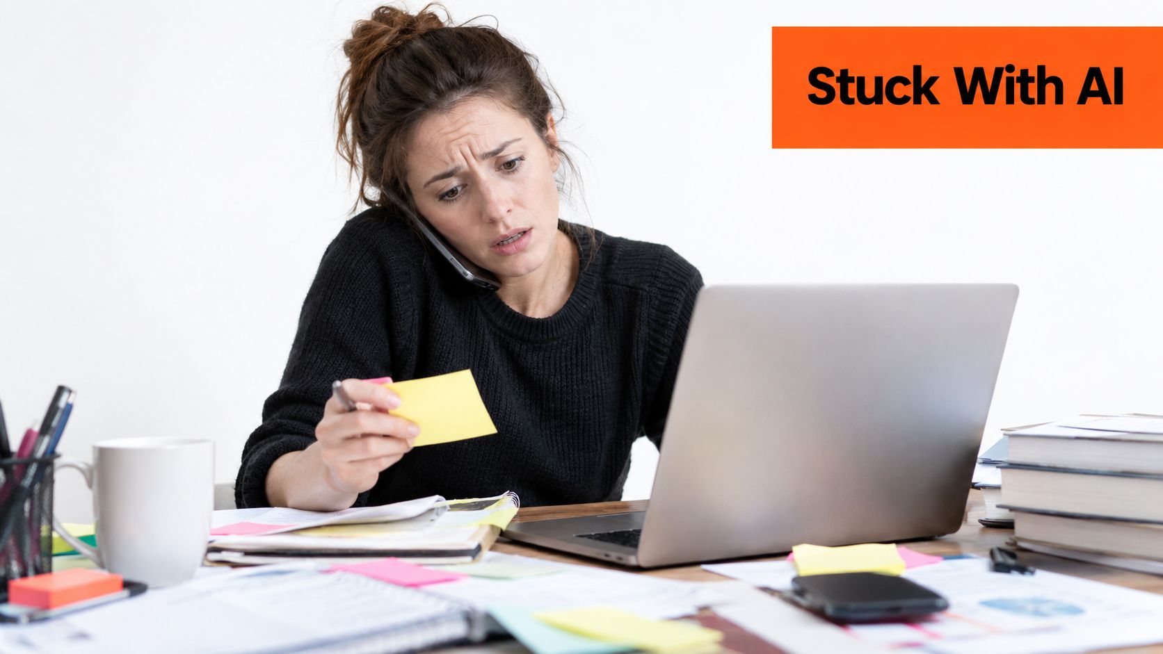 A stressed woman talking on her phone while looking at notes and a laptop at her desk.