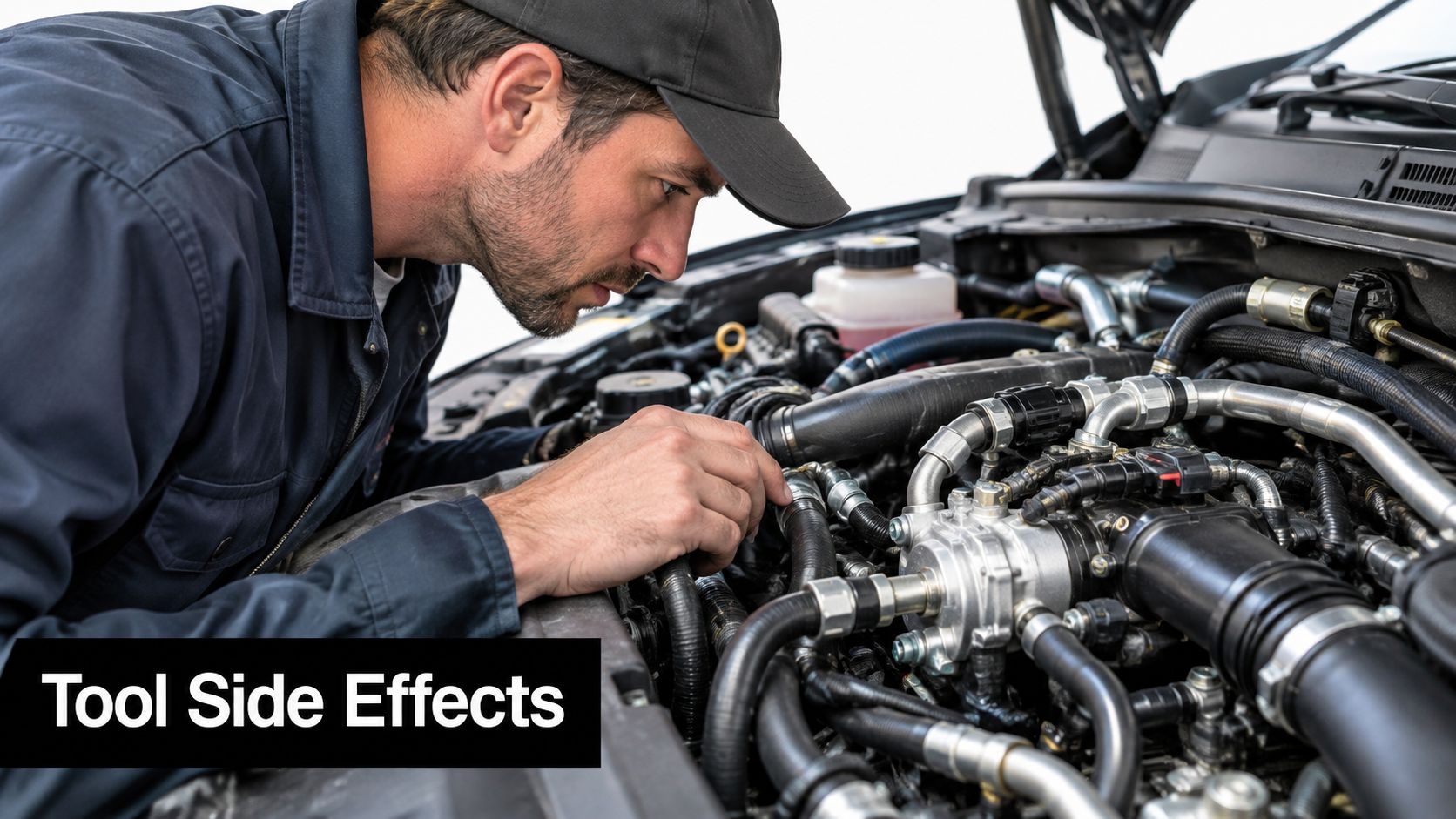 A professional mechanic wearing a blue uniform inspecting an engine closely with his hand inside the car.