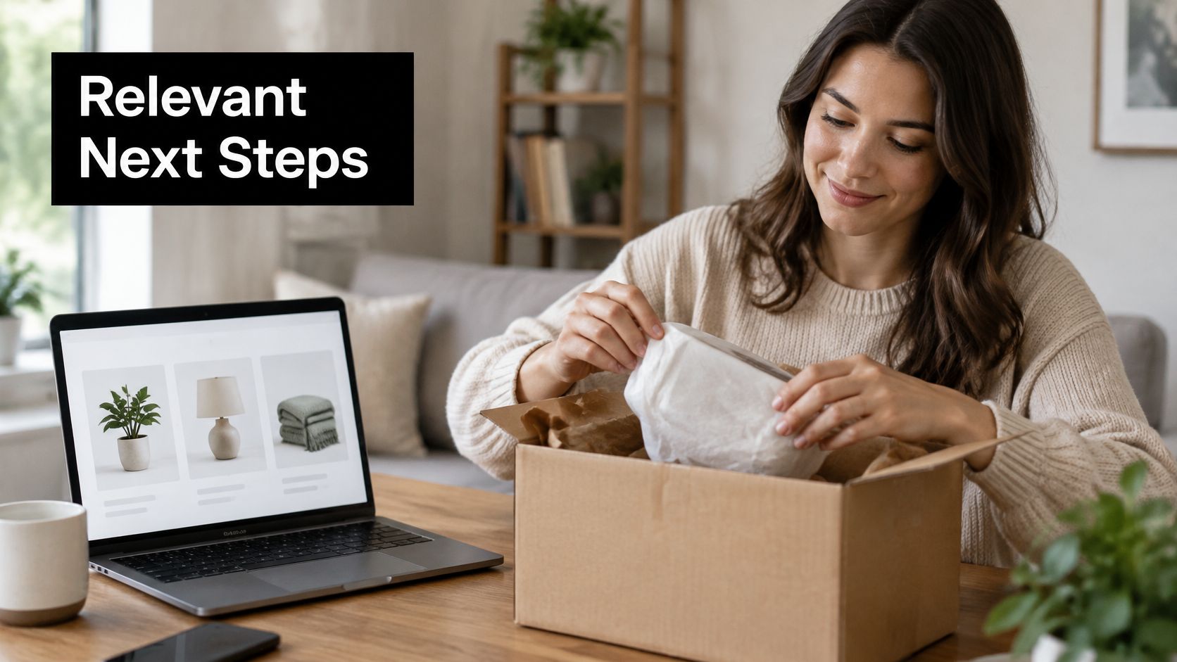 A woman opening a package at her desk with a laptop displaying home decor product images.