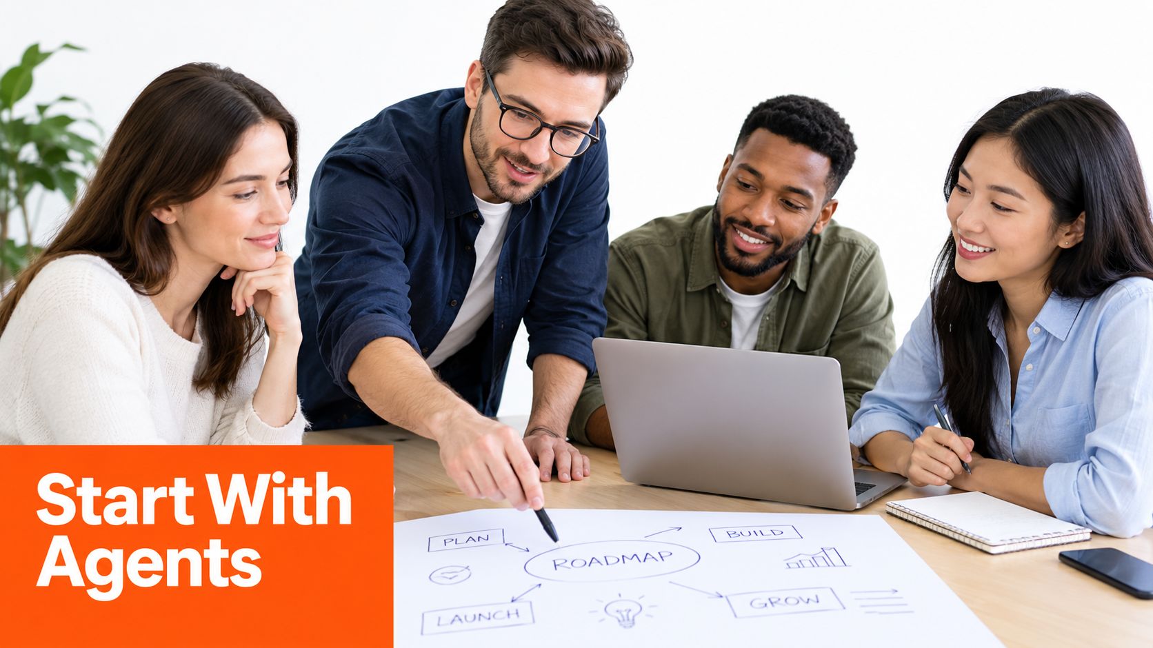 A diverse team of professionals collaborating around a table, brainstorming a project roadmap on a whiteboard.