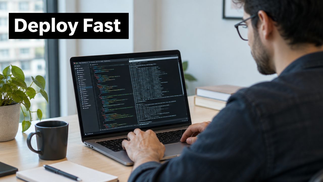 A professional developer sitting at a wooden desk while coding on a laptop in a bright office.
