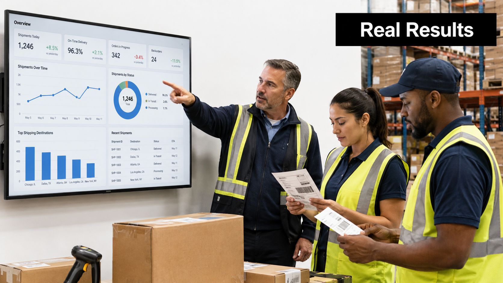 Three warehouse workers reviewing real-time logistics and shipment data displayed on a large screen in a warehouse.