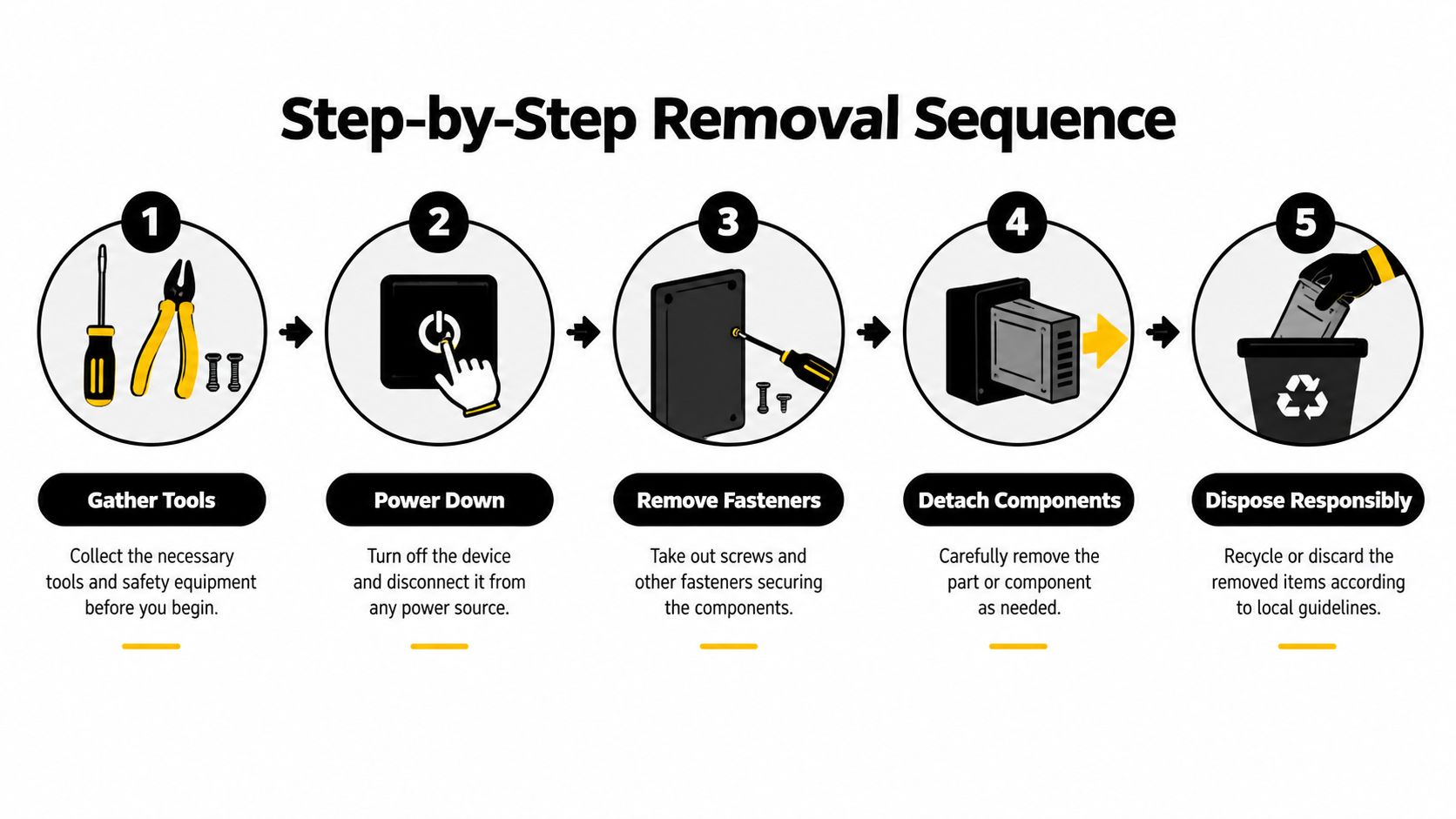 A step-by-step visual guide illustrating the removal sequence of components using tools, safety measures, and proper disposal.