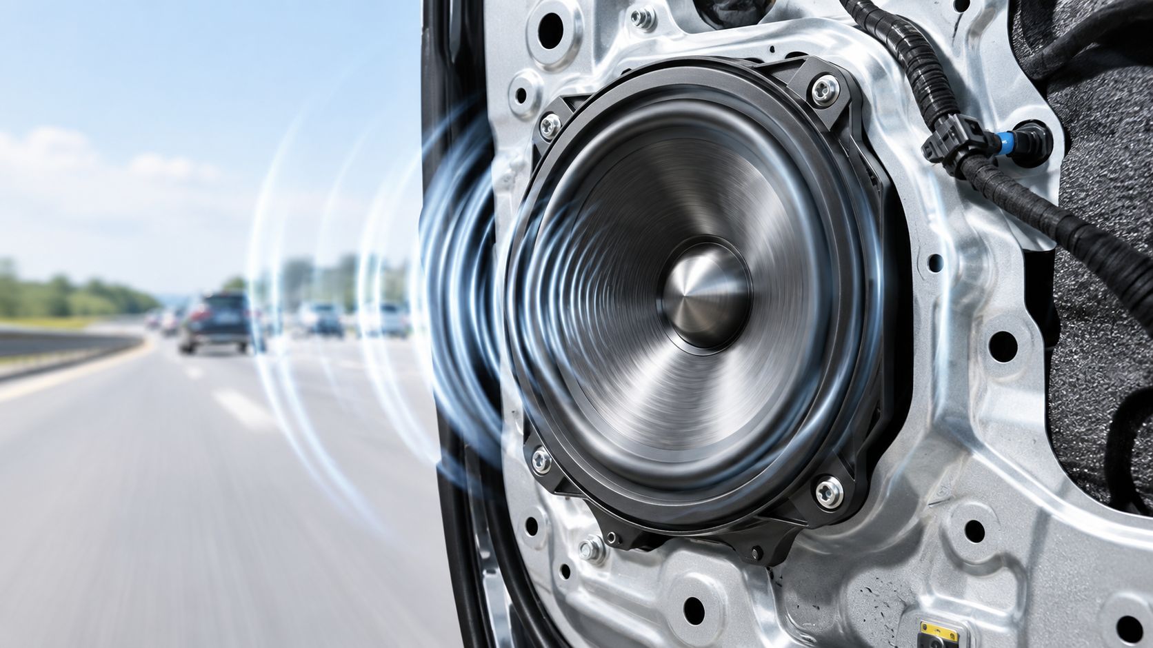 Close up of a car door speaker installed with sound waves radiating outward during a highway drive.