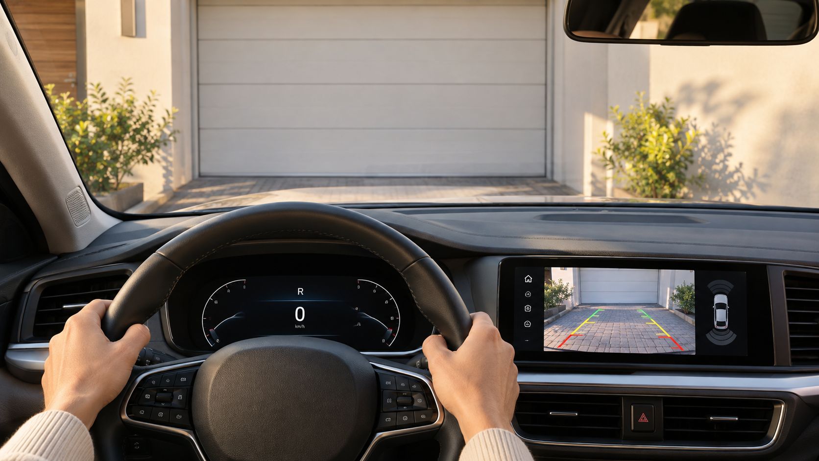 A driver's perspective from inside a car using a digital rearview camera for parking in a garage.