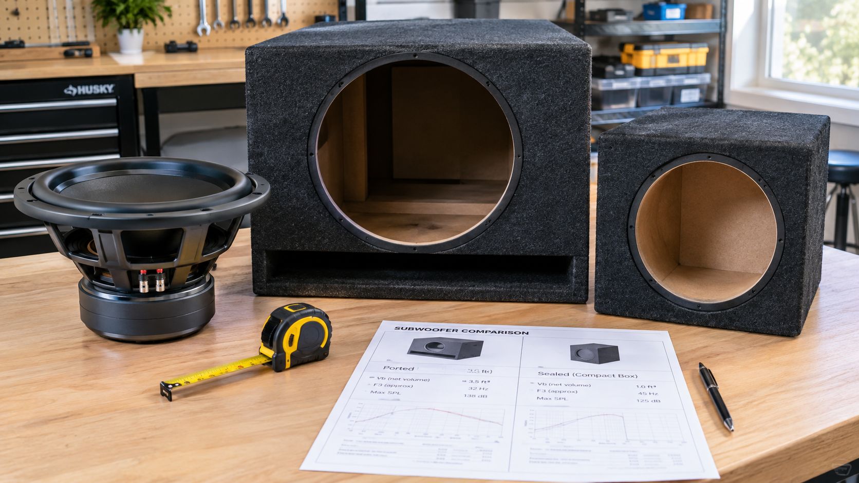 A subwoofer driver sits next to a large ported speaker enclosure and a smaller sealed box enclosure.