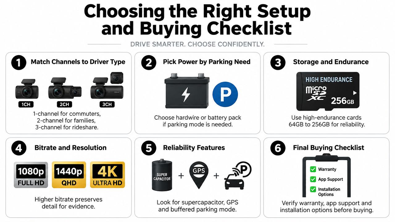 An infographic titled Choosing the Right Setup and Buying Checklist for purchasing dash cameras for cars.