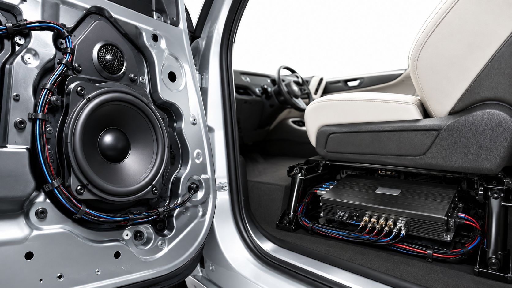 A custom car door speaker installation and amplifier mounted under the vehicle passenger seat with visible wiring.
