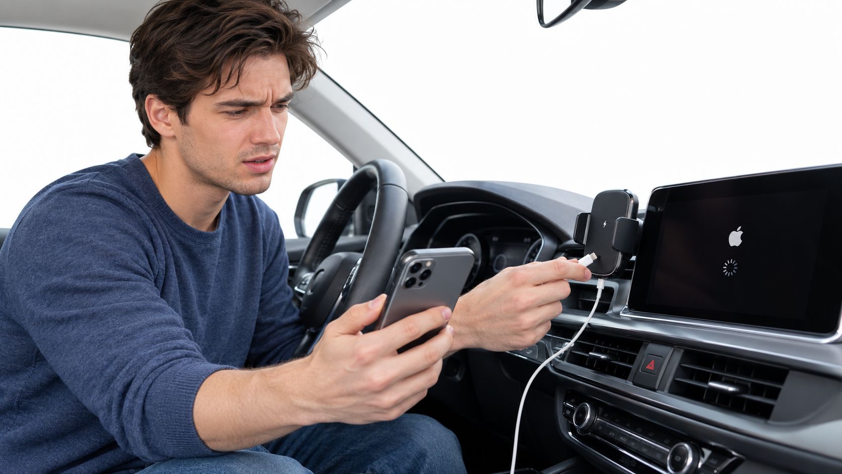 A frustrated man sitting in a car trying to connect his smartphone to a faulty CarPlay system.