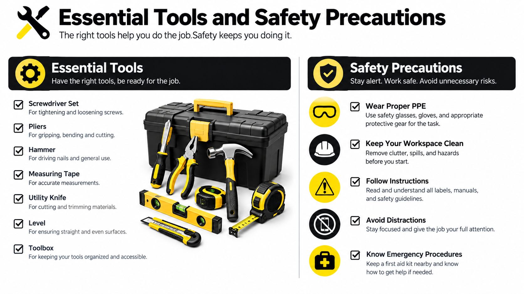 A graphic showing essential tools like a hammer and screwdriver alongside safety precautions for workspace tasks.