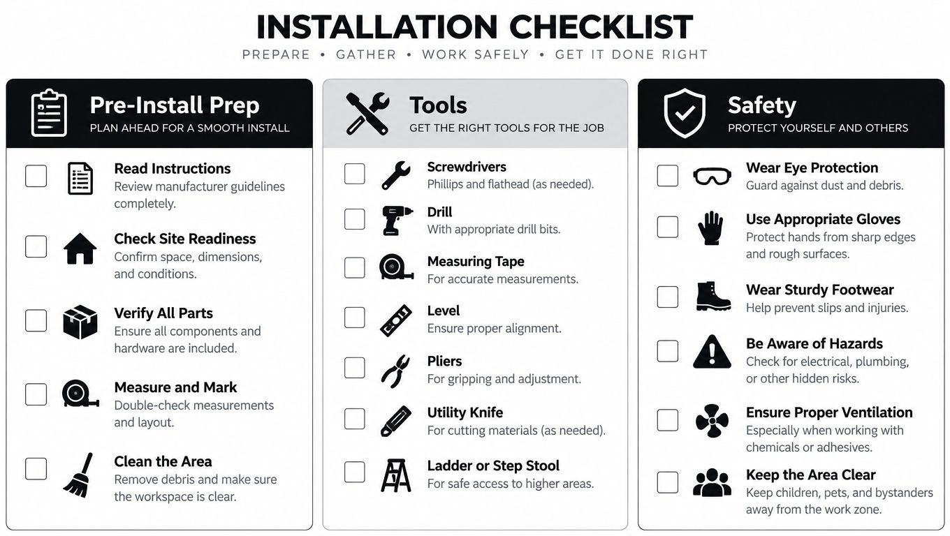 A three-column installation checklist infographic outlining essential pre-install preparation, necessary tools, and safety precautions for DIY projects.