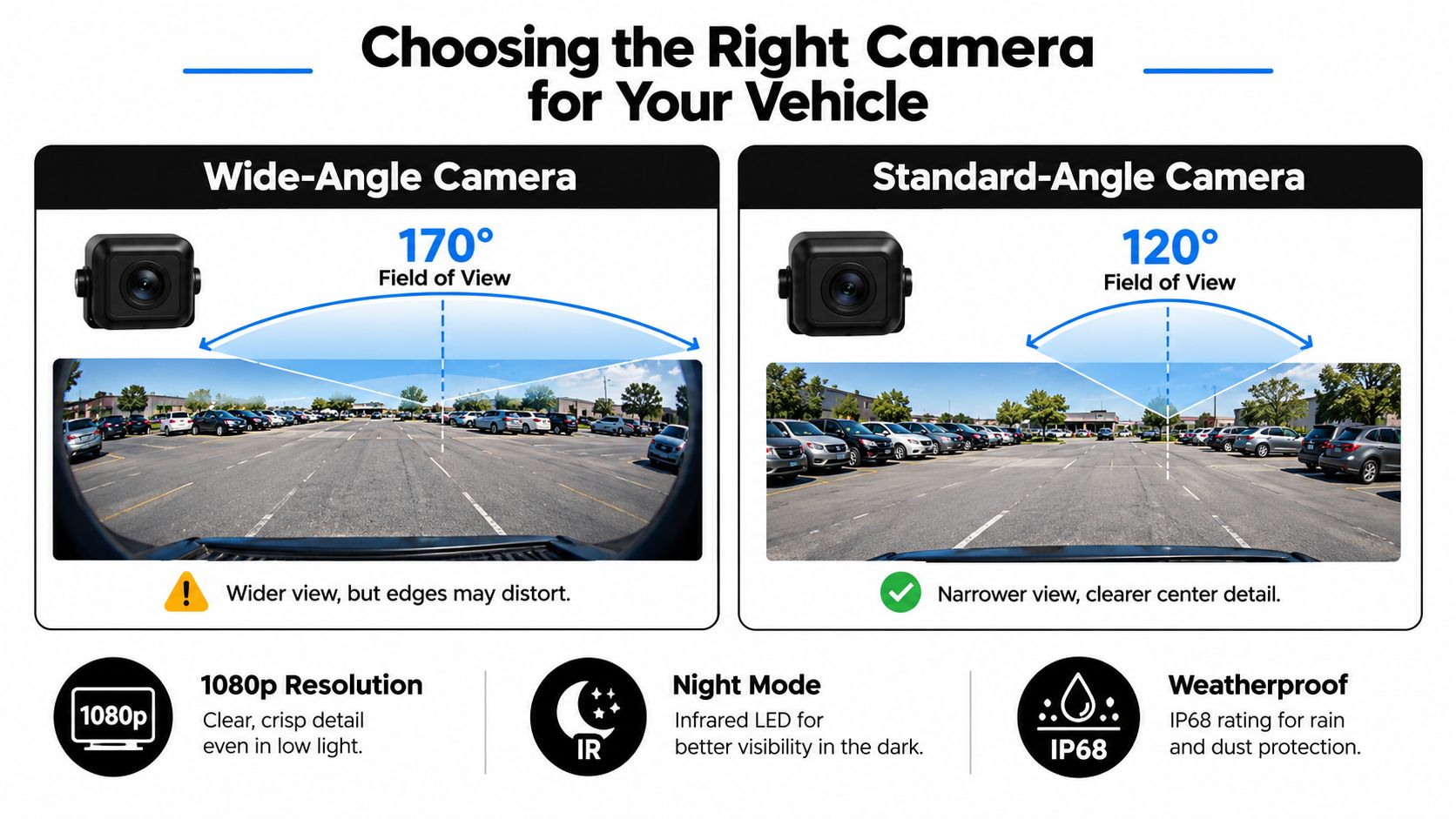 A comparison chart showing wide-angle and standard-angle backup camera fields of view and product specifications.