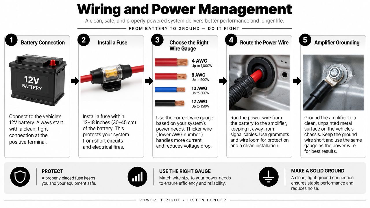A step-by-step guide illustrating how to properly wire and power an amplifier in a vehicle system.