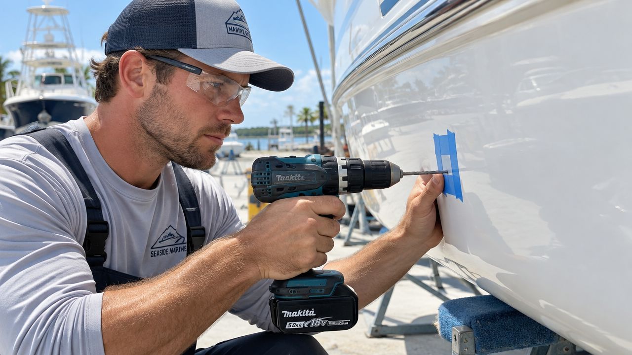 A professional marine technician uses a cordless power drill to install marine audio equipment on a boat hull.
