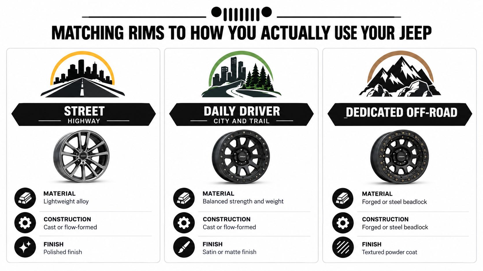 An infographic titled Matching Rims to How You Actually Use Your Jeep, showing categories for street, daily driver, and off-road driving.